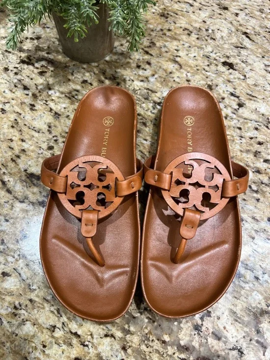 Tory Burch Miller Cloud Caramel Brown Leather Sandals 8.5 - Picture 2 of 11